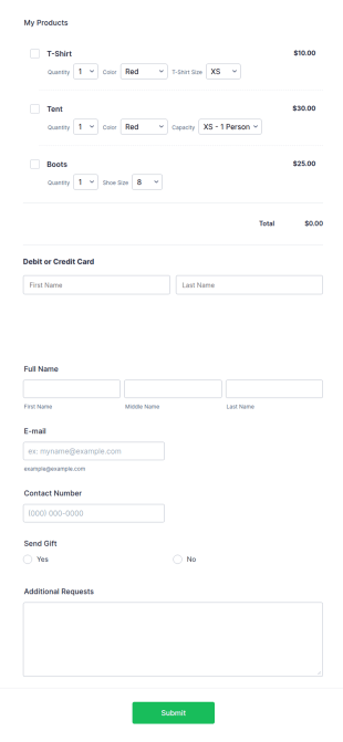 Stripe Product Order Form Template