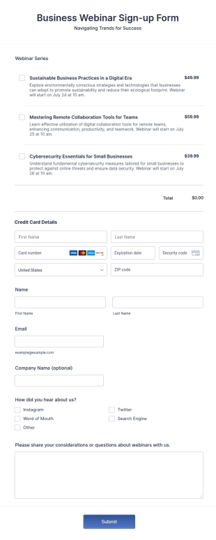 Stripe Webinar Sign Up Form Template