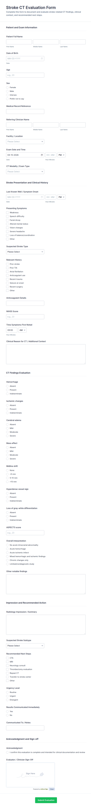 Stroke CT Evaluation Form Template