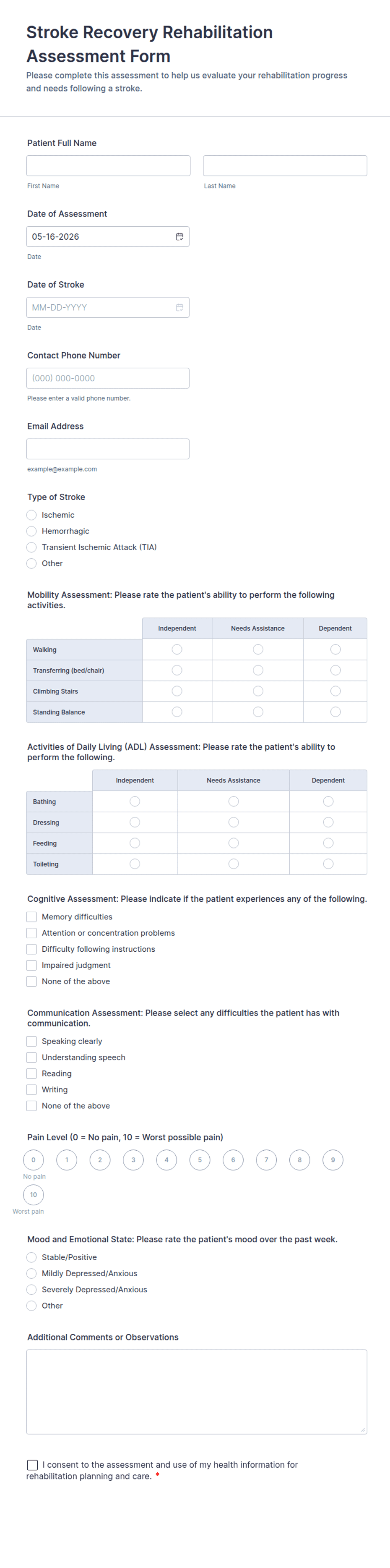 Stroke Recovery Rehabilitation Assessment Form Template | Jotform