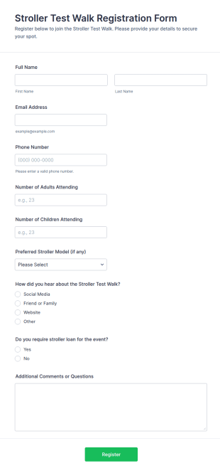 Stroller Test Walk Registration Form Template
