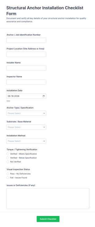 Structural Anchor Installation Checklist Form Template