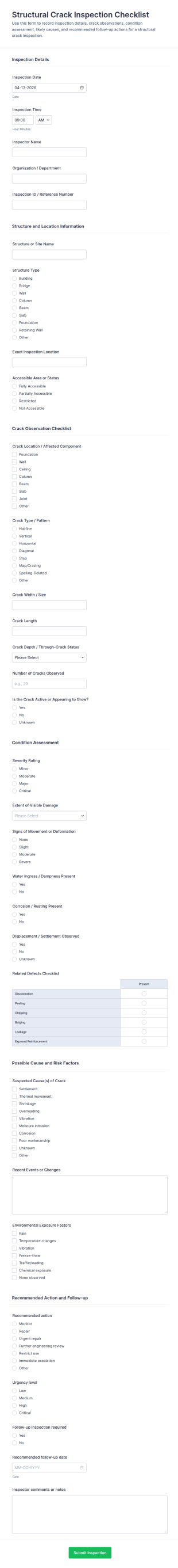 Structural Crack Inspection Checklist Form Template