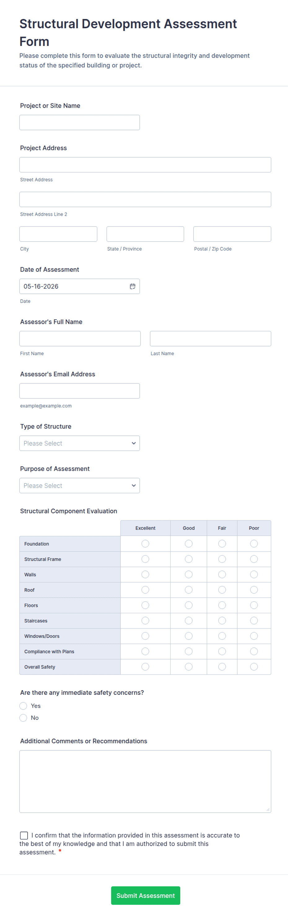 Structural Development Assessment Form Template | Jotform