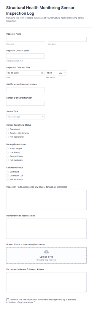 Structural Health Monitoring Sensor Inspection Log Form Template