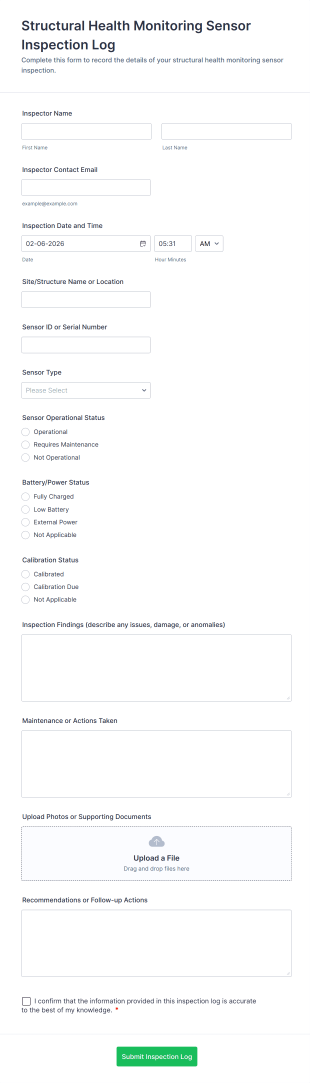 Structural Health Monitoring Sensor Inspection Log Form Template