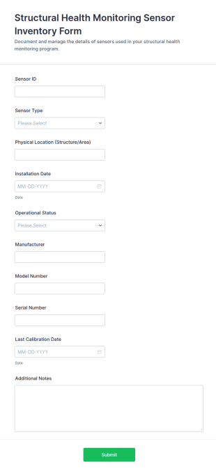 Structural Health Monitoring Sensor Inventory Form Template