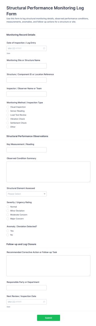 Structural Performance Monitoring Log Form Template