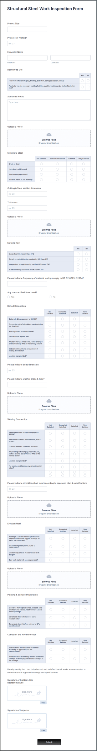 Structural Steel Work Inspection Form Template