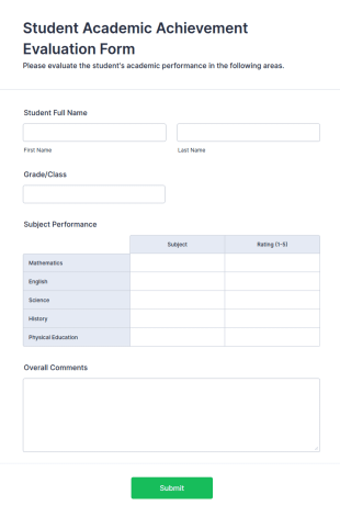 Student Academic Achievement Evaluation Form Template