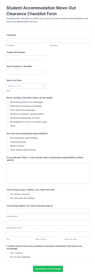 Student Accommodation Move Out Clearance Checklist Form Template