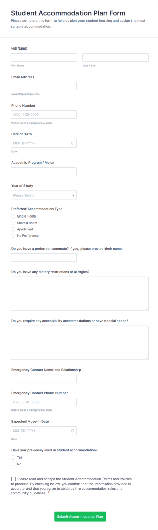 Student Accommodation Plan Form Form Template
