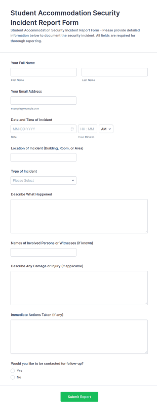 Student Accommodation Security Incident Report Form Template