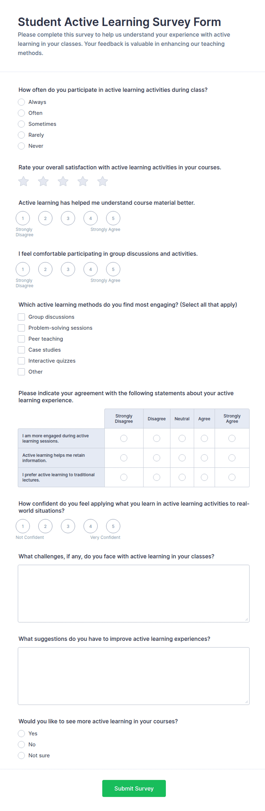 Student Active Learning Survey Form Template | Jotform