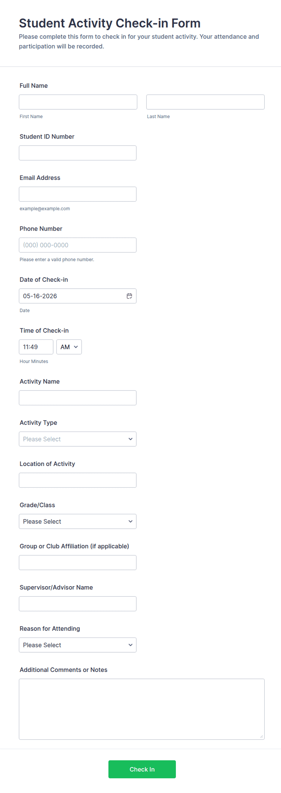 Student Activity Check-in Form Template | Jotform