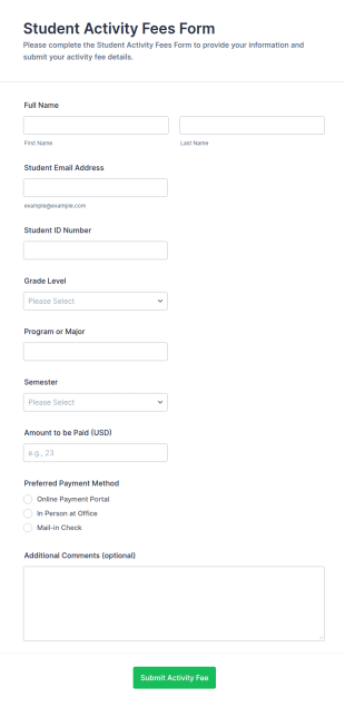 Student Activity Fees Form Template