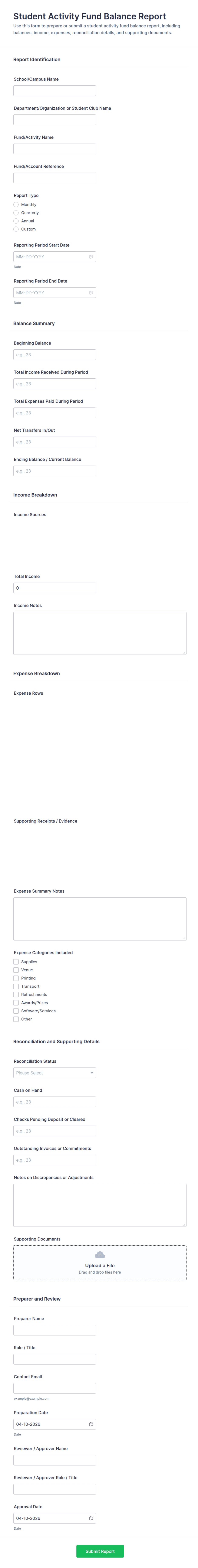 Student Activity Fund Balance Report Form Template | Jotform