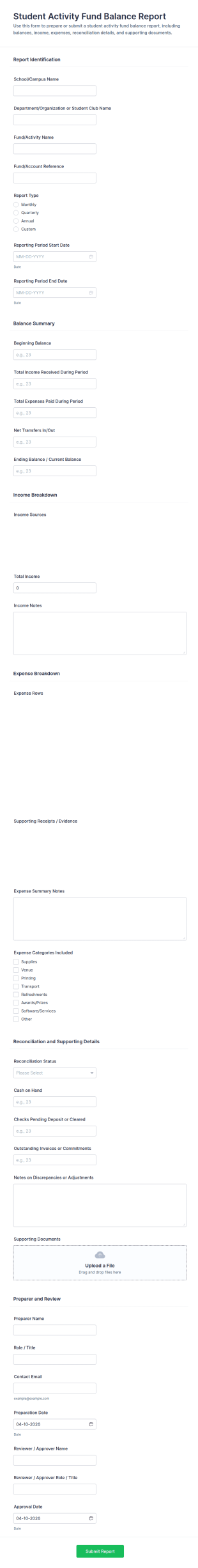 Student Activity Fund Balance Report Form Template