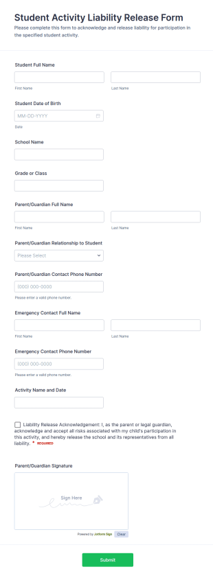 Student Activity Liability Release Form Template