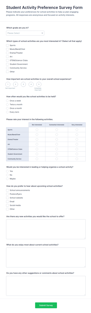 Student Activity Preference Survey Form Template