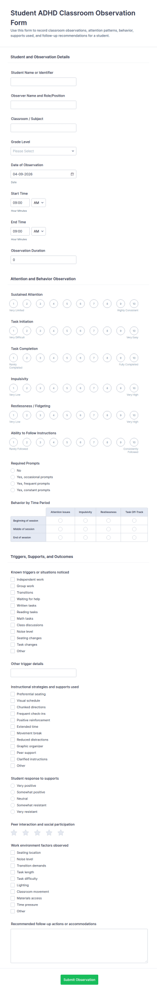 Student ADHD Classroom Observation Form Template