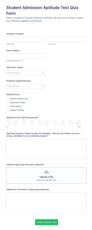 Student Admission Aptitude Test Quiz Form Template