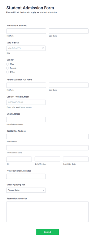 Student Admission Form Template