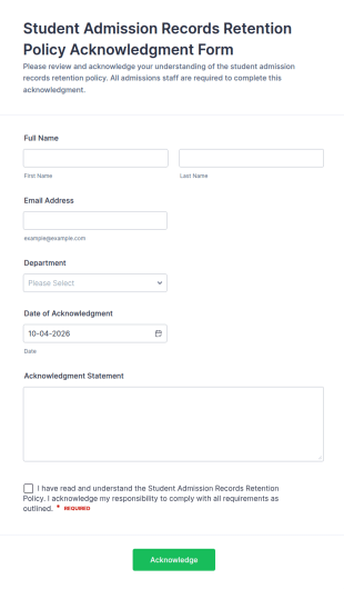 Student Admission Records Retention Policy Acknowledgment Form Template