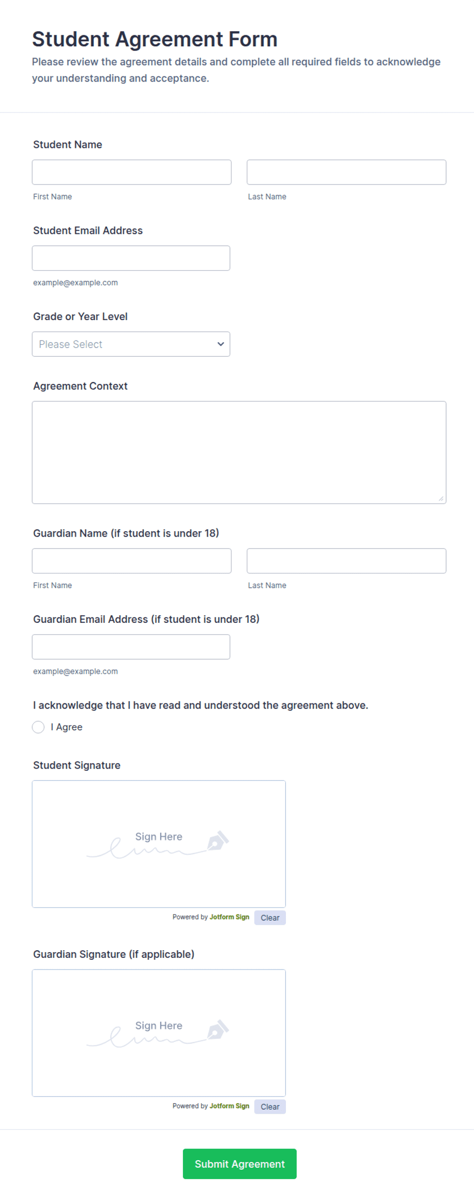 Student Agreement Form Template | Jotform