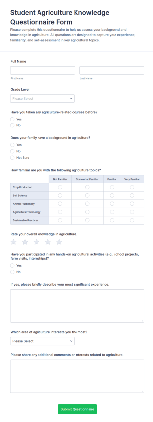 Student Agriculture Knowledge Questionnaire Form Template