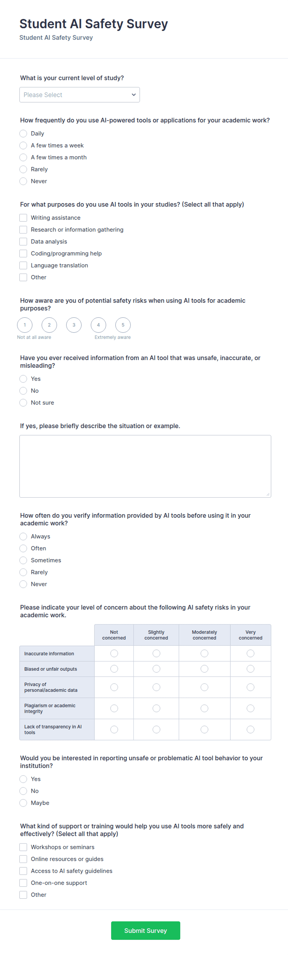 Student AI Safety Survey Form Template | Jotform