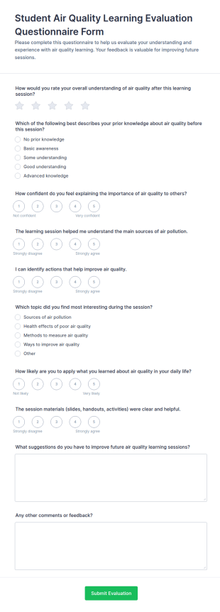 Student Air Quality Learning Evaluation Questionnaire Form Template