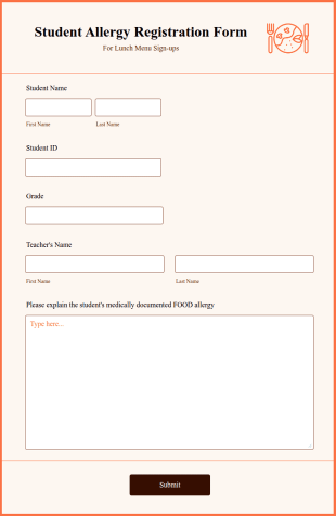 Student Allergy Registration Form Template