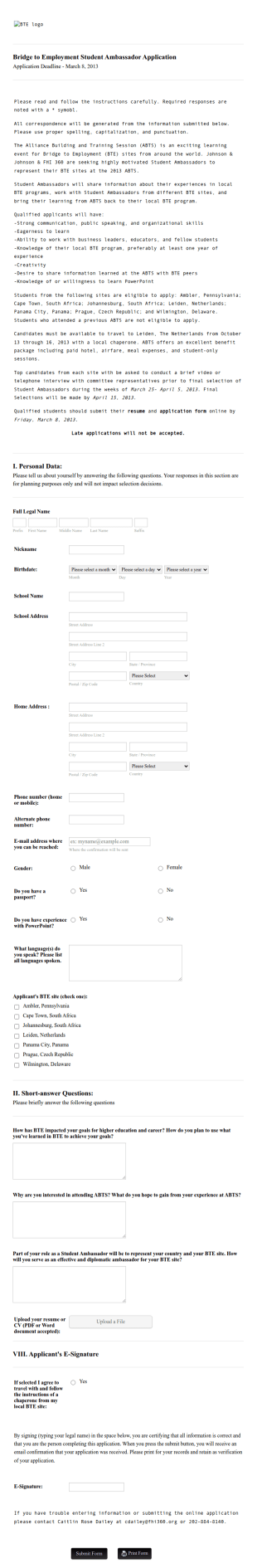 Student Ambassador Application Form Template