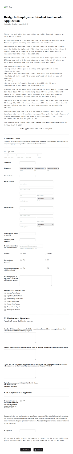 Student Ambassador Application Form Template