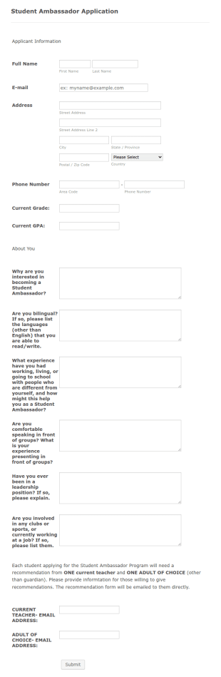 Student Envoy Application Form Template