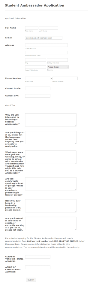 Student Envoy Application Form Template