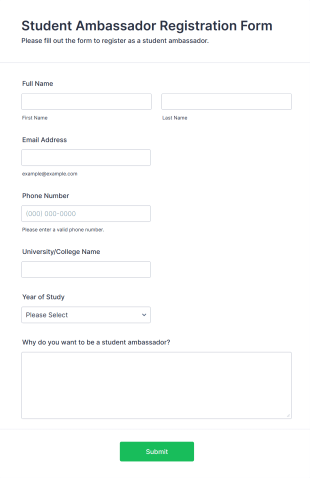 Student Ambassador Registration Form Form Template