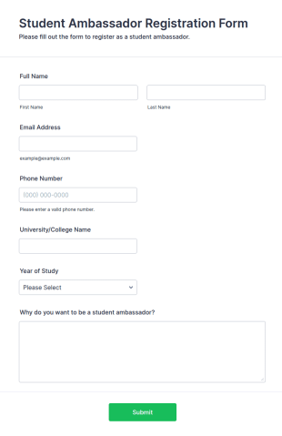 Student Ambassador Registration Form Template