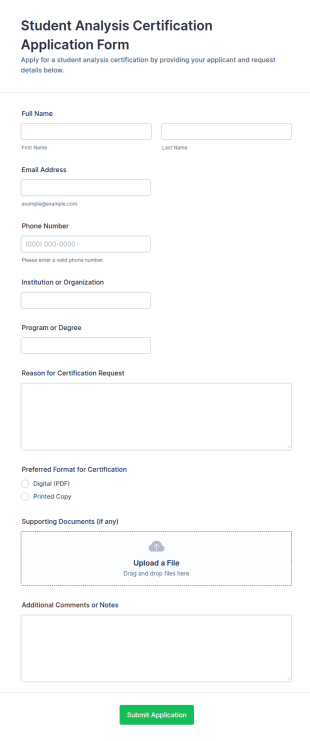 Student Analysis Certification Application Form Template