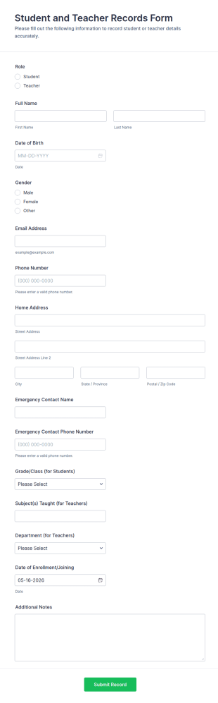 Student And Teacher Records Form Template