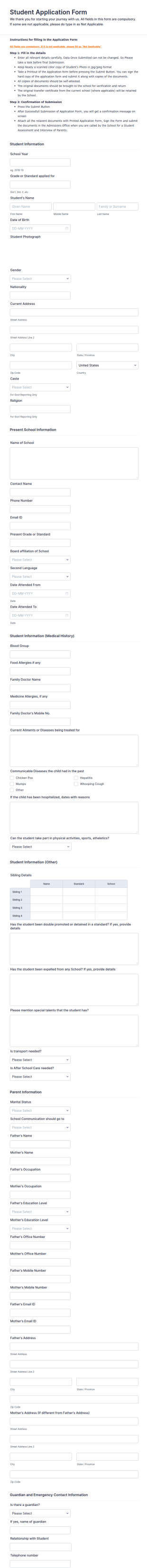 Student Application Form Template