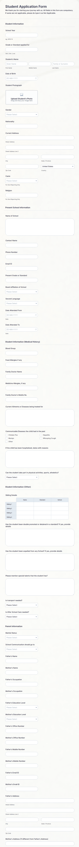 Student Application Form Template