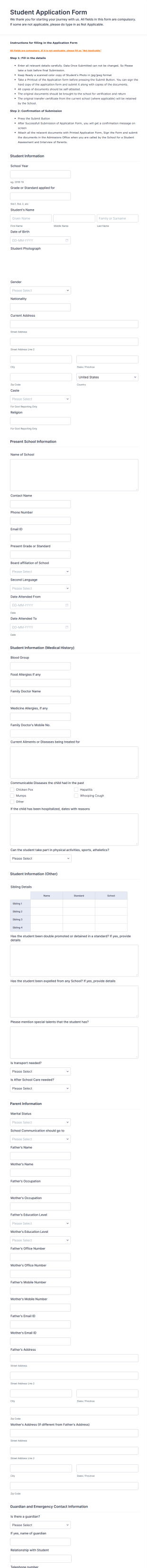 Student Application Form Template
