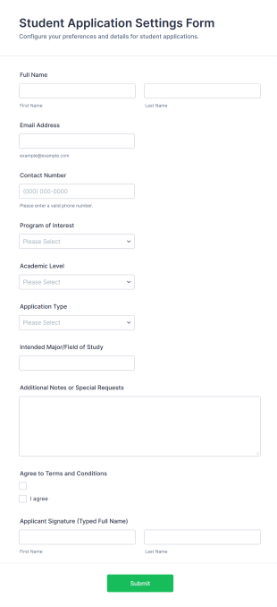 Student Application Settings Form Template