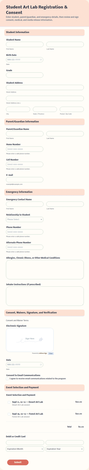 Student Art Lab Registration And Consent Form Template