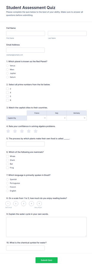 Student Assessment Quiz Form Template