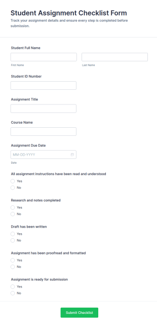 Student Assignment Checklist Form Template