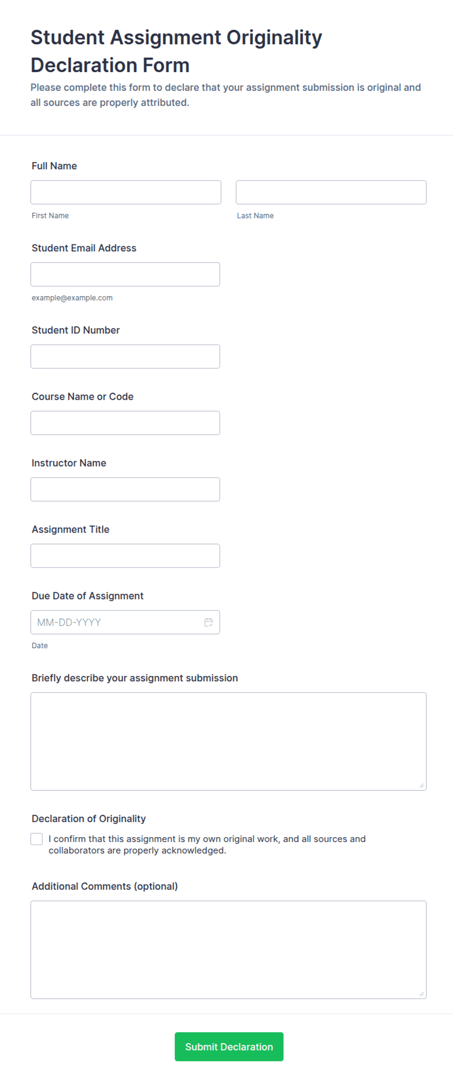 Student Assignment Originality Declaration Form Template | Jotform