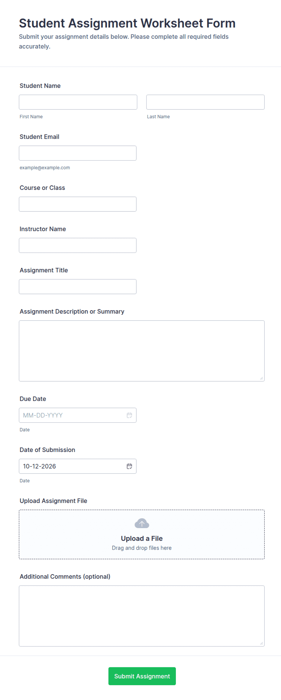 Student Assignment Worksheet Form Template | Jotform